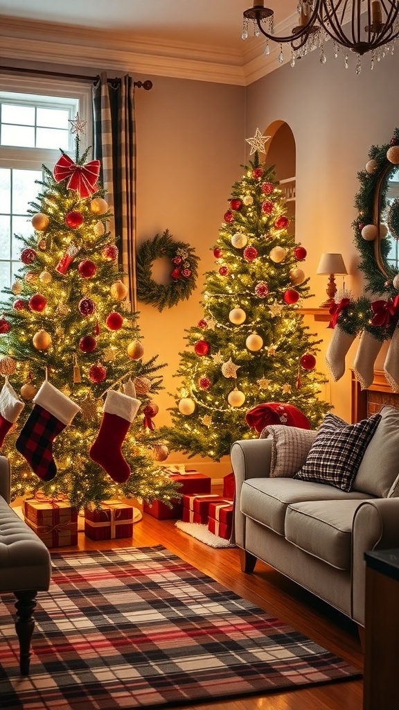 A preppy Christmas background with a decorated tree, plaid patterns, and festive decor in a cozy living room.